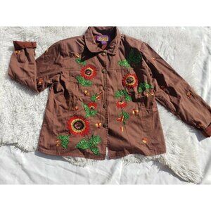 Vintage Jacket Embroidered Embellished Applique Sunflowers Floral Medium Brown